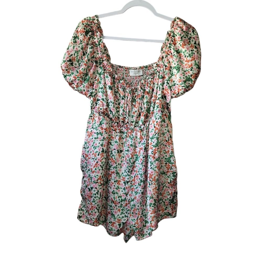 Dress Forum Satin Floral Puff Sleece Keyhole Neck Boho Romper Medium